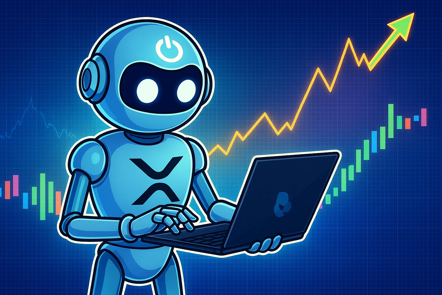 تصویر کارتونی از یک ربات تحلیل‌گر با نماد بات‌لایزر و لوگوی XRP در حال کار با لپ‌تاپ و بررسی نمودارهای صعودی بازار