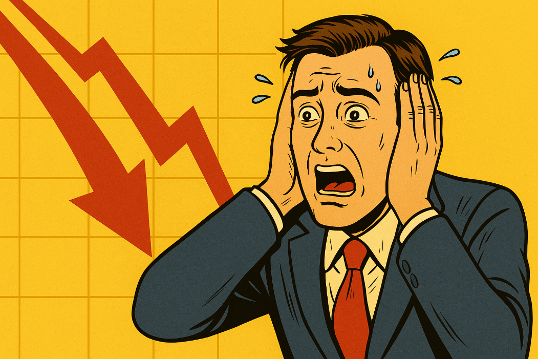 Shocked investor reacting to crypto market crash with downward red arrow on yellow background
